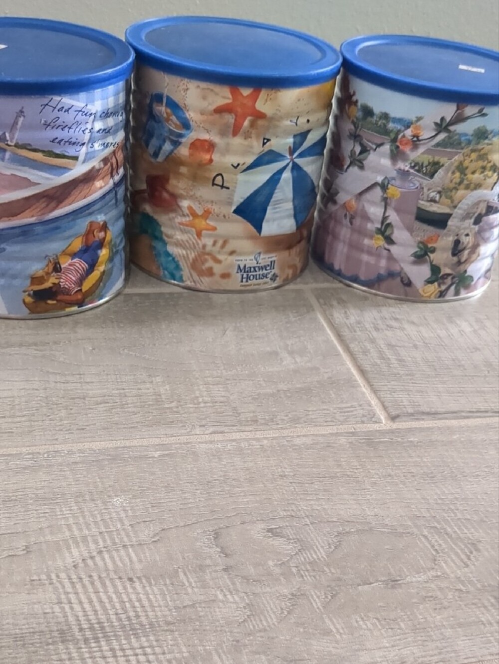 Set of 3 Decorative Vintage Tin Canisters with Sunner Scenes